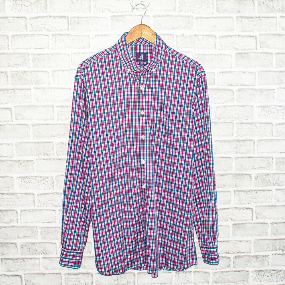 Johnny-O Button up Shirt Blue Purple Check Surfer Logo Bamboo Blend Large